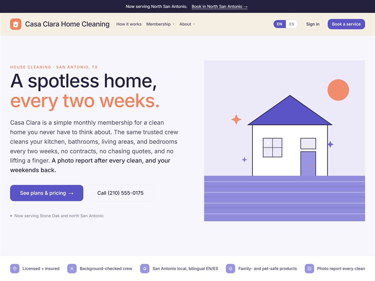 Casa Clara, a house cleaning website built on Housewell